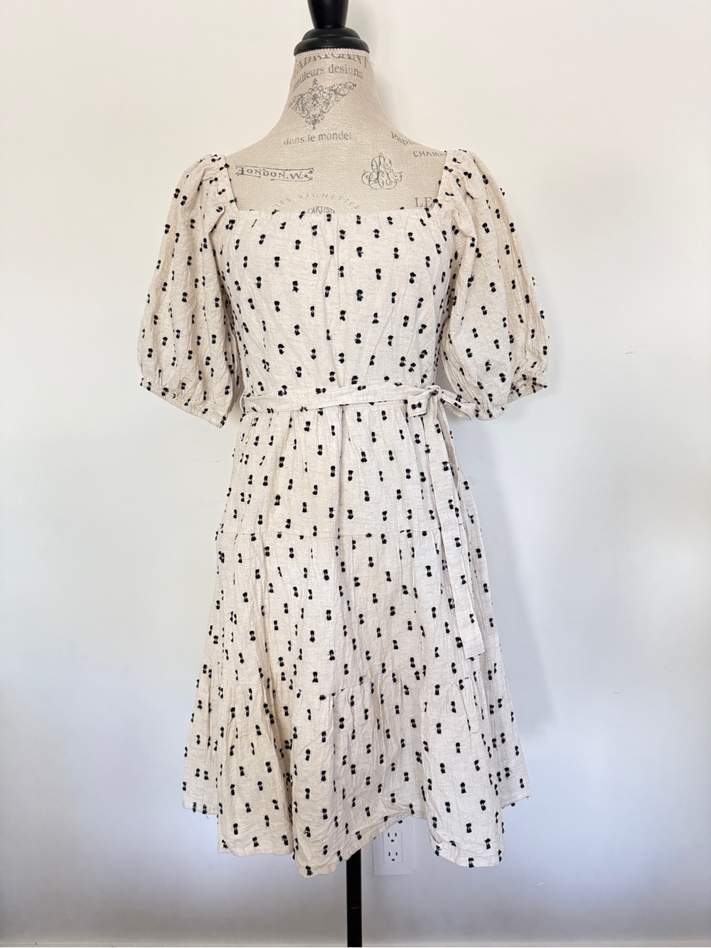 Sim & Sam Square Neck Cream Midi Dress with Black Dot Print and Self-Tie Waist